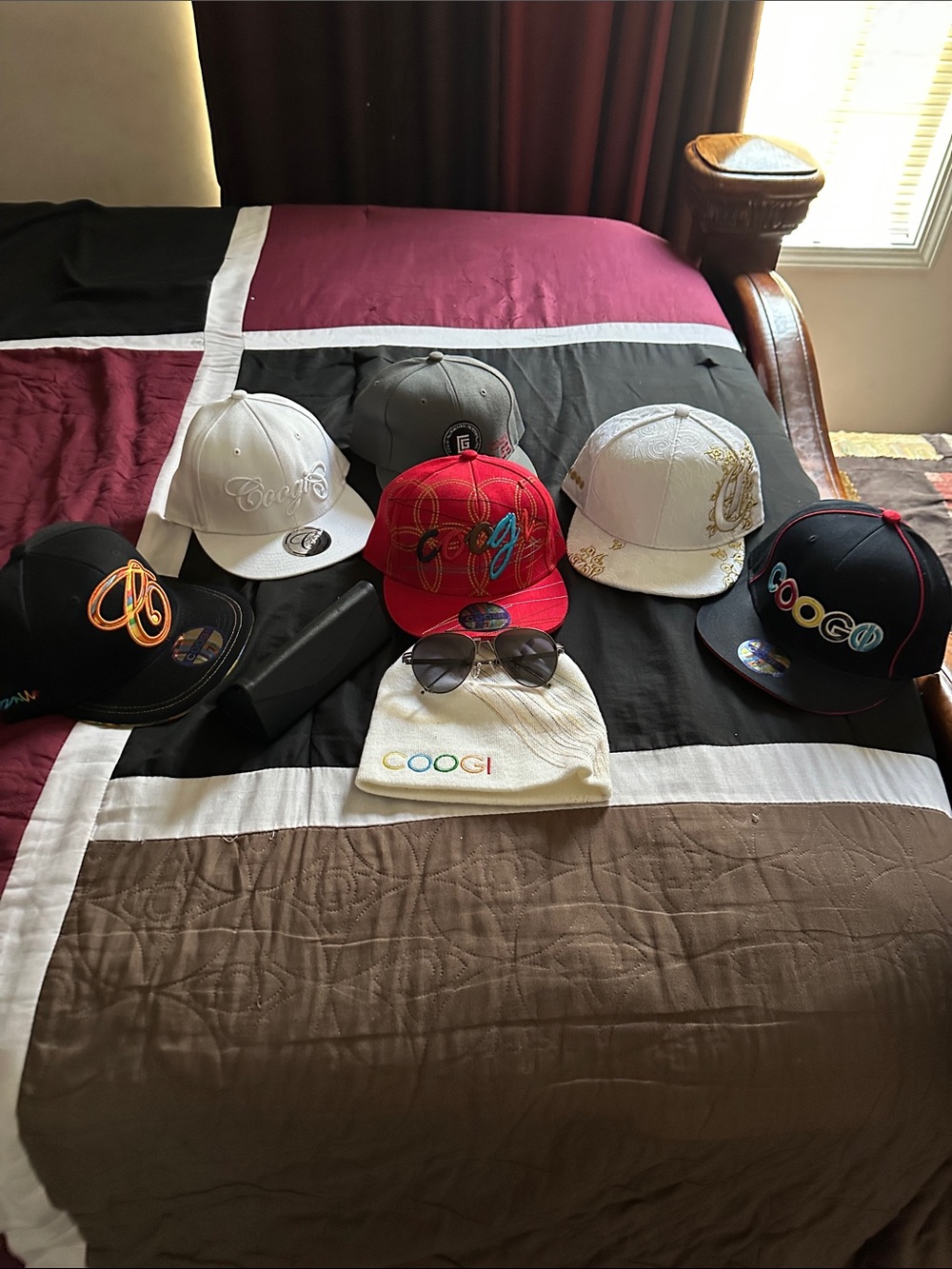 Six  COOGI Multi Hats: Red, White, Black,Gray.  COOGI beanie &
 sunglasses